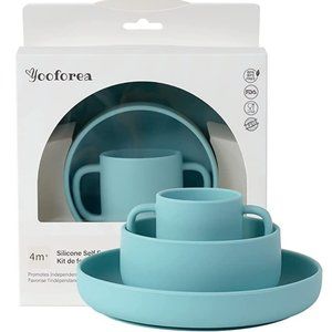 New 3 Piece Silicone Self Feeding Training Set (Cup, Bowl, Plate) Color Fog